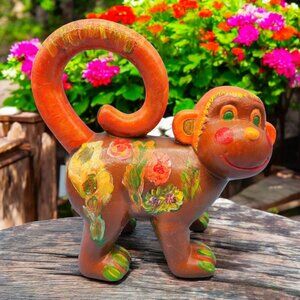 Hand-Painted Monkey Figurine With Floral Accents - Decorative Folk Art Piece For